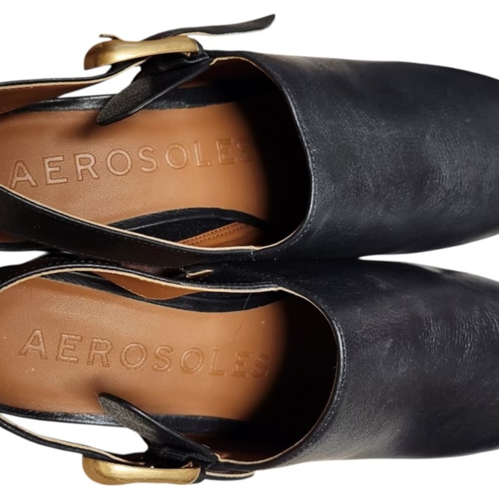 AEROSOLES Black Leather Slingback Platform Mules with Gold Buckle - Picture 6 of 14